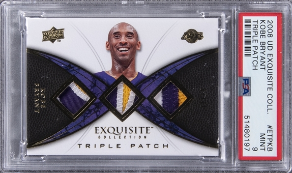 2008-09 UD "Exquisite Collection" Triple Patch #ETPKB Kobe Bryant Game Used Patch Card (#07/10) – PSA MINT 9 "1 of 1!"